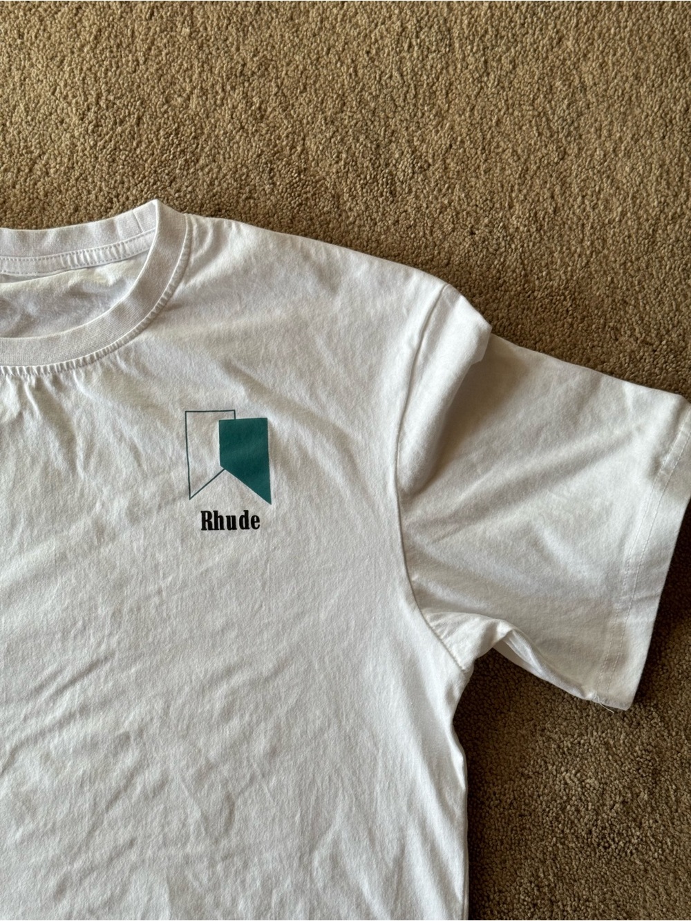 Rhude White Tee with Teal Chevron Shield Graphic Men’s Size Large